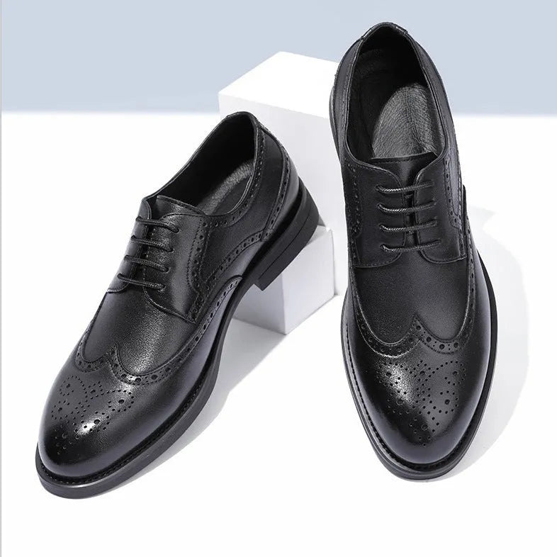 Men's black and brown brogue business shoes with traditional detailing and PU leather upper