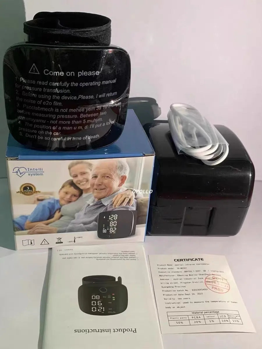 Black wrist blood pressure monitor with USB charging port and multi-language voice guidance options