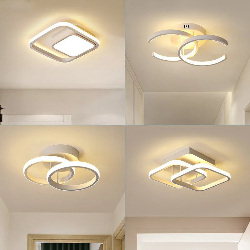 Three styles of commercial LED corridor ceiling lights: black semicircle, white circle, and white bipartite.