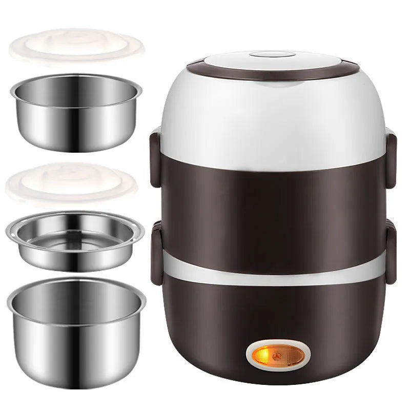 Electric lunch box with USB port and 190mm cubic dimensions showing two capacity options