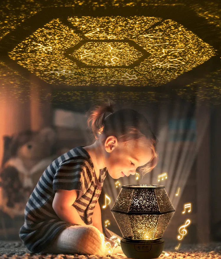 LED rotating star night light for children projecting coloured stars on a wall.