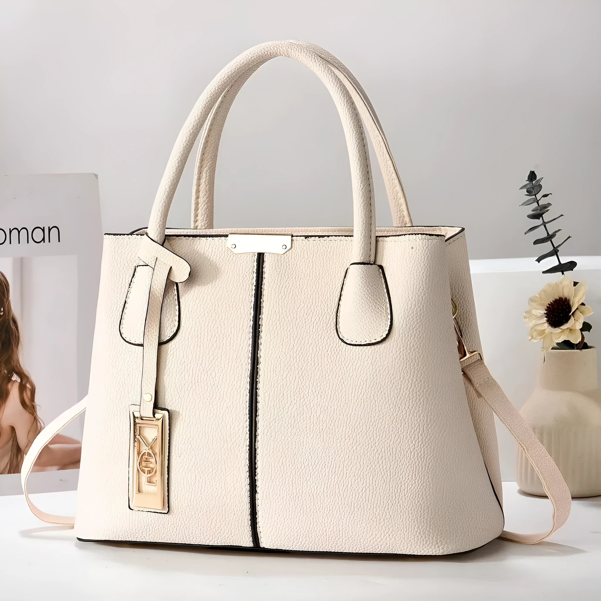 Women's large capacity shoulder bag in soft PU material with leather strap, horizontal square shape