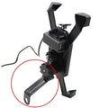 Black ABS motorcycle phone holder with USB charging cable mounted on handlebar