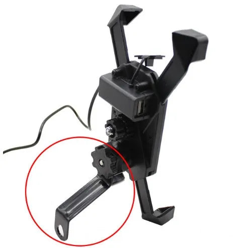 Black ABS motorcycle phone holder with USB charging cable mounted on handlebar