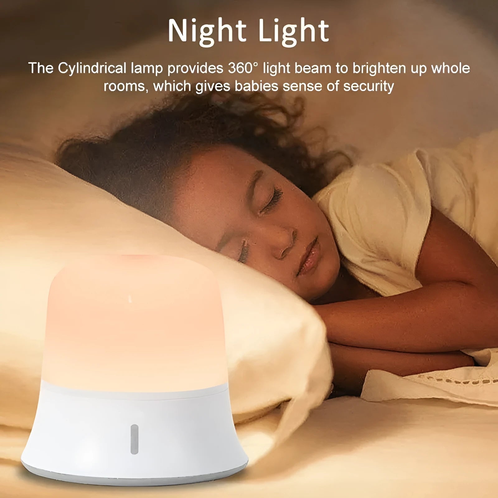 White touch-control bedside night light showing compact 93mm by 110mm design with dimmable LED.