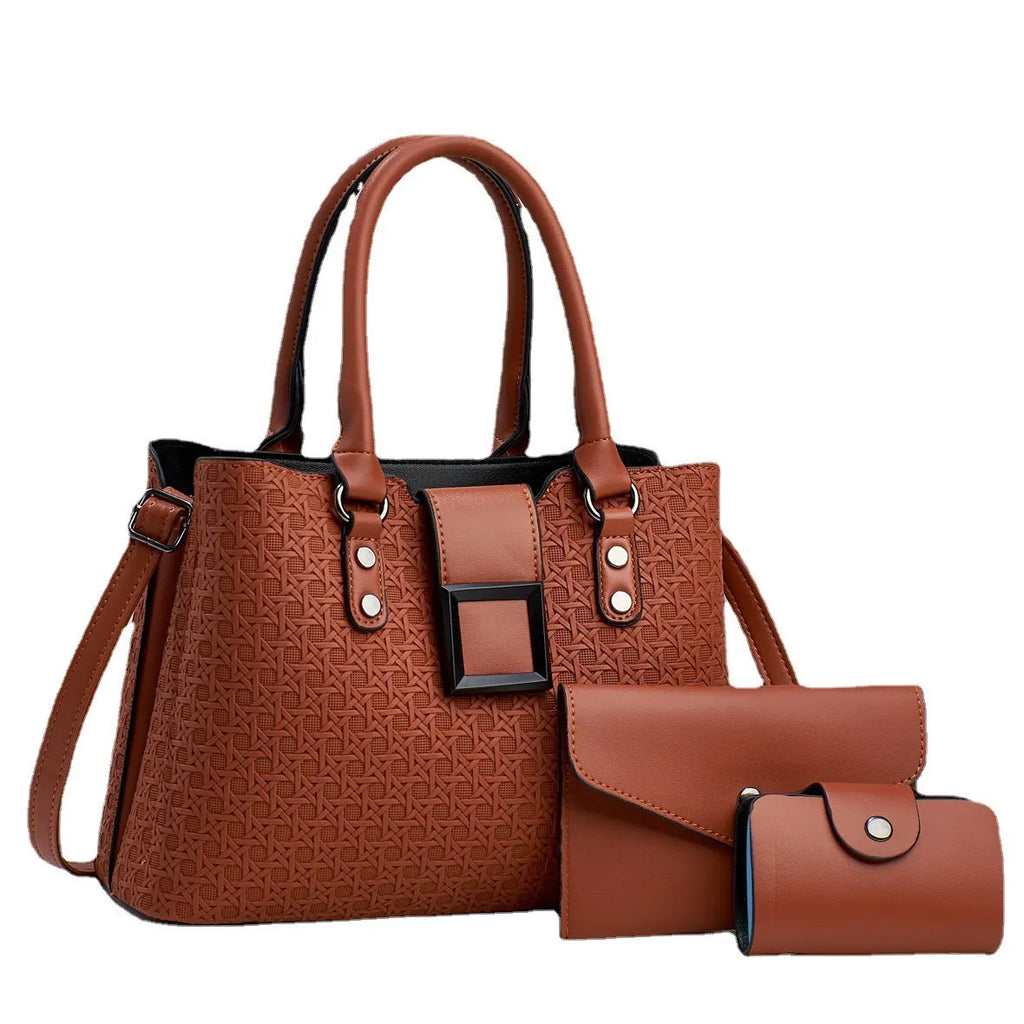 Women's three-piece textured crossbody bag set in square vertical model with single shoulder strap