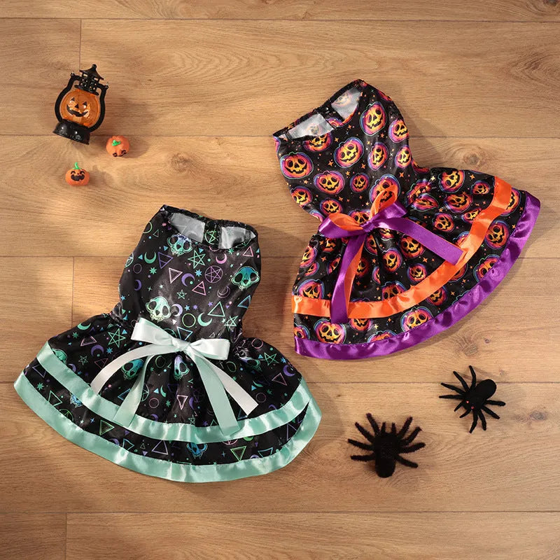 Halloween dog skirt with colourful pumpkin or skull print on double-layer polyester.