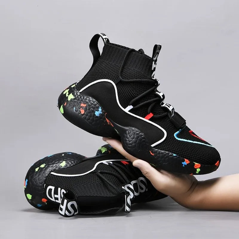 Men's camouflage vulcanise sneakers with mesh upper and stripe pattern, shown in black and white colour options.