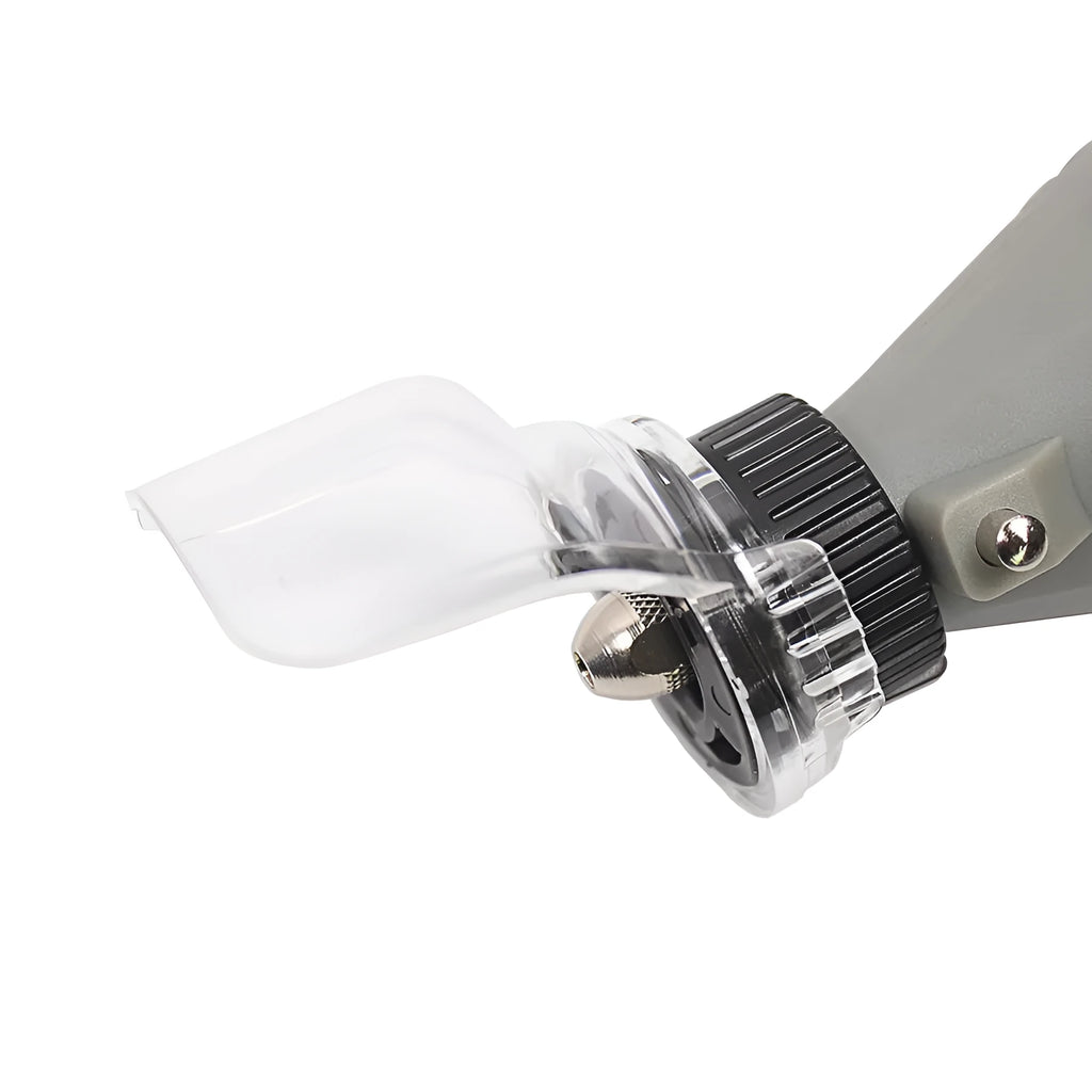 Transparent plastic horn safety cover for Delta electric grinders on a workbench.