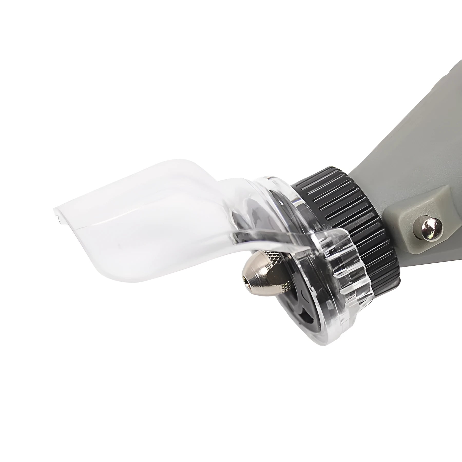 Transparent plastic horn safety cover for Delta electric grinders on a workbench.