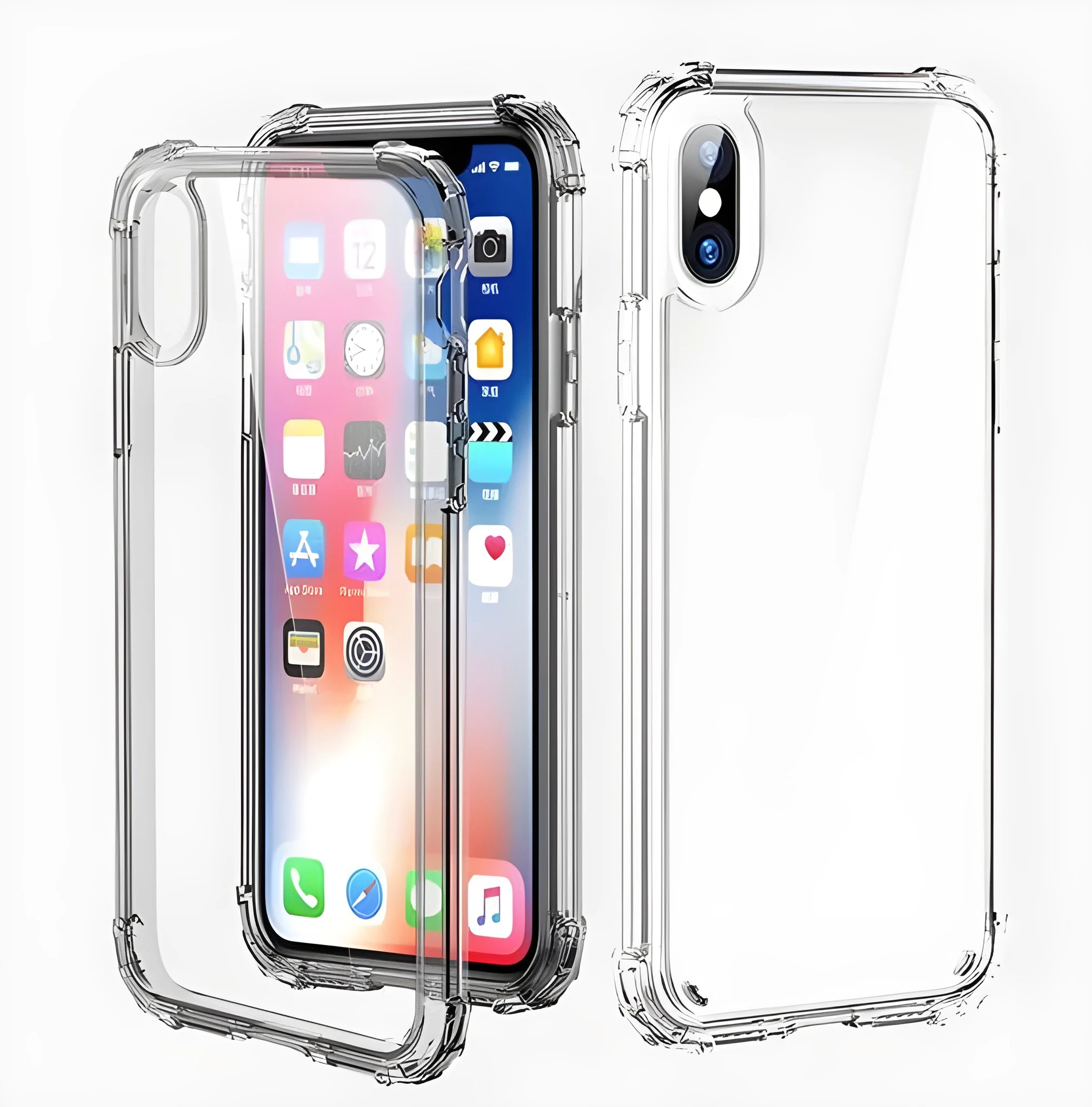 Clear transparent TPU shockproof back cover case for Apple iPhone on a white background.