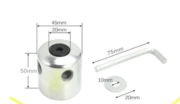Silver aluminium lawn mower grass trimmer head with four light yellow square cords, wrench, and gasket