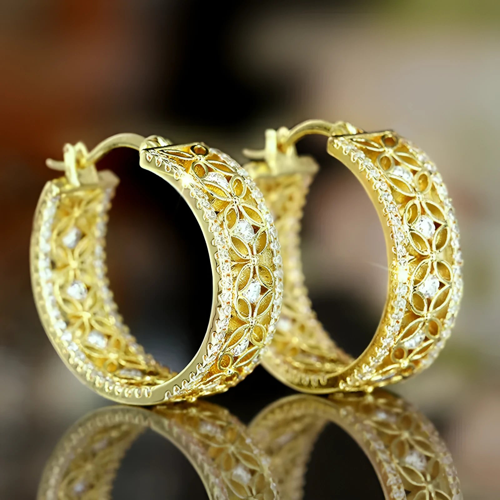 Yellow gold copper ear clips with horse eye, flower and butterfly geometric design for women.