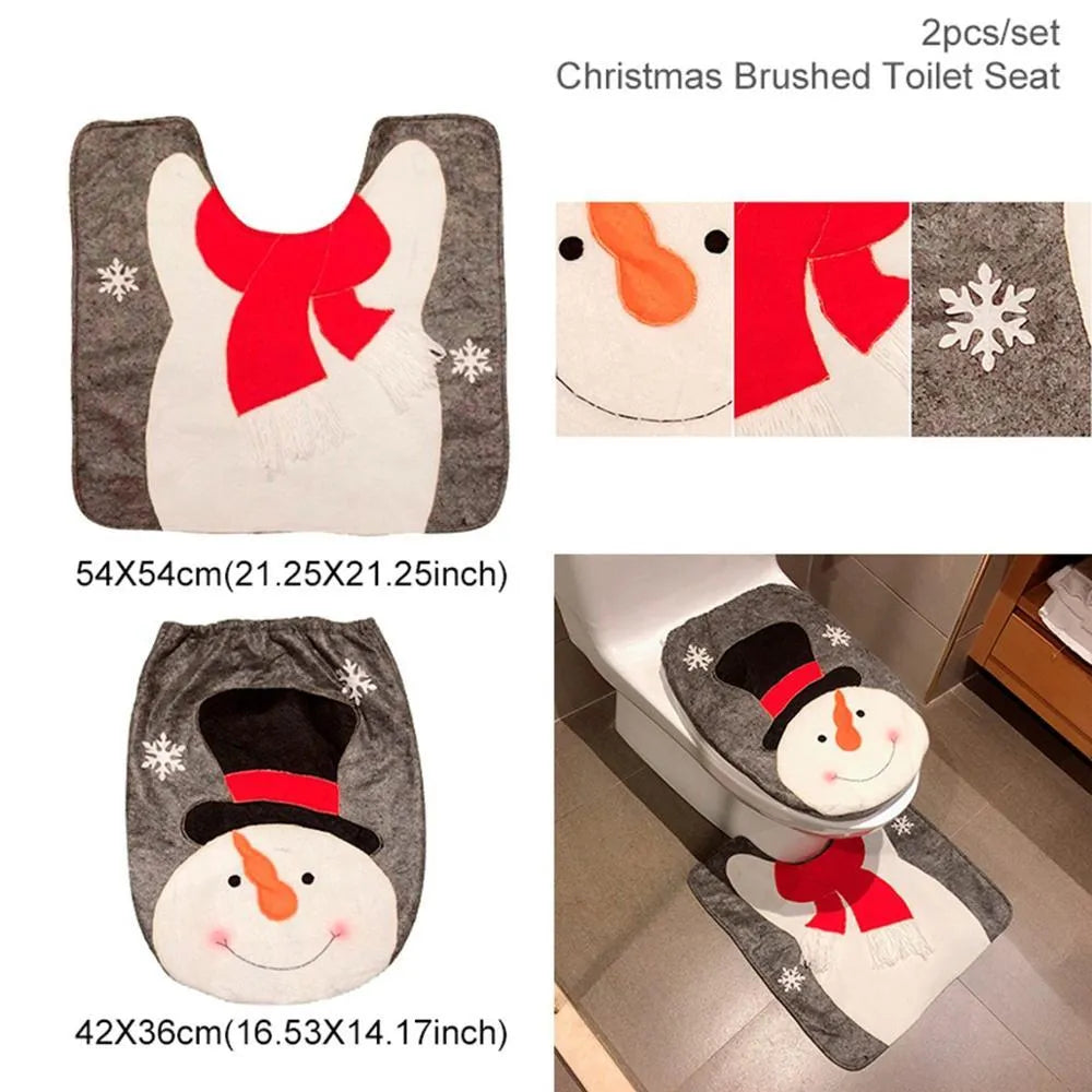 Christmas bathroom set with flannel shower curtain, toilet cover and floor mat featuring Santa design