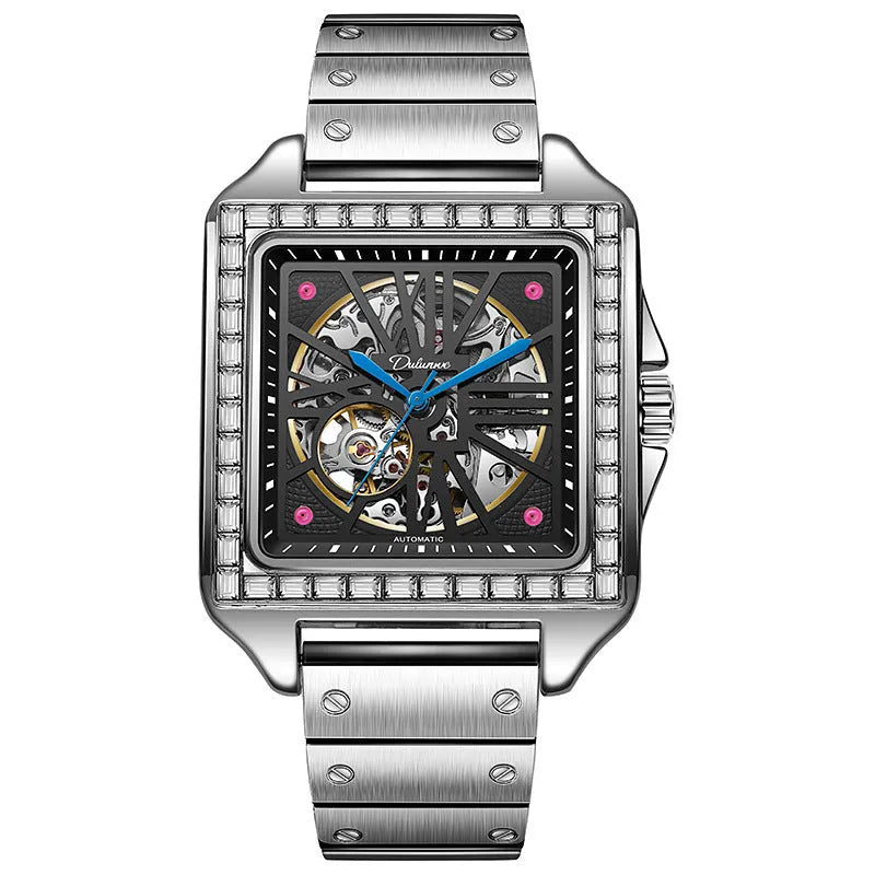 Men's square automatic watch with diamond-studded bezel on a black leather strap