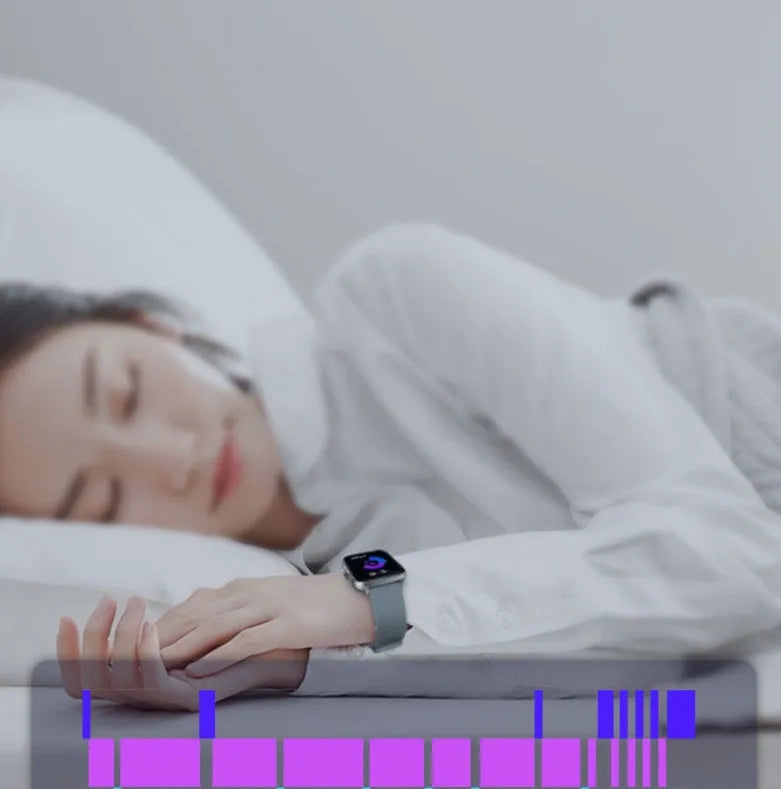 Smart watch with 1.7-inch colour touchscreen on adjustable strap, showing fitness stats interface.