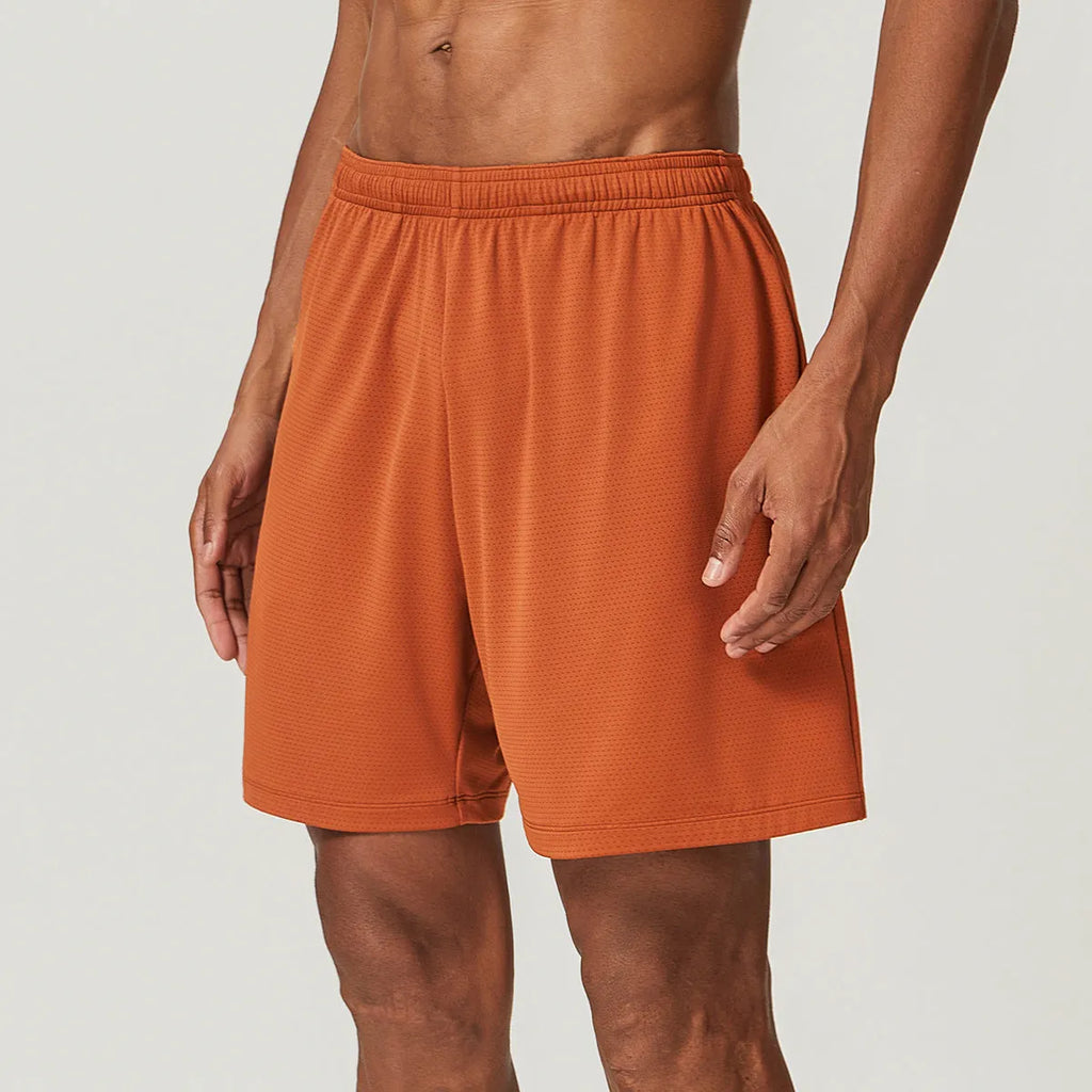 Men's quick-drying breathable running shorts in sky blue colour, showing double-layer construction and mid-waist fit.