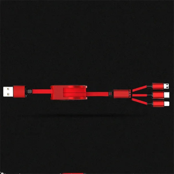 Telescopic charging cable in extended position showing TPE wire and titanium alloy connectors.
