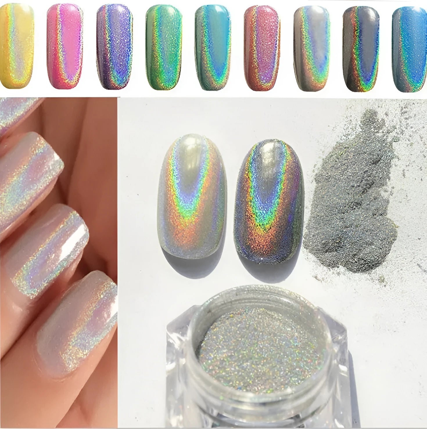 Container of silver nail rainbow powder laser mirror powder for chrome effect manicure