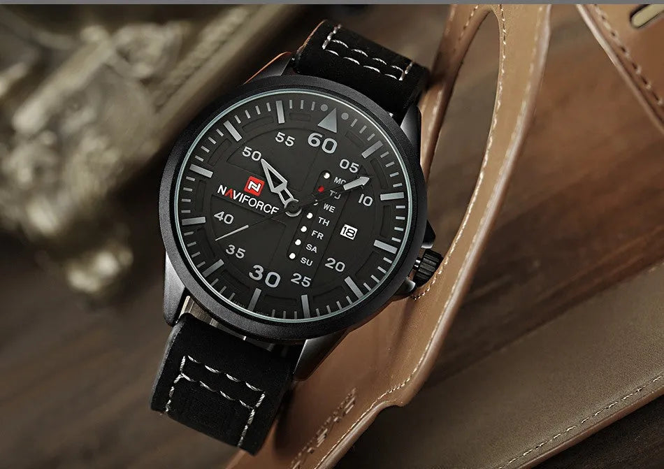 NAVIFORCE men's quartz watch with date display, leather strap, and military-style dial on a wrist