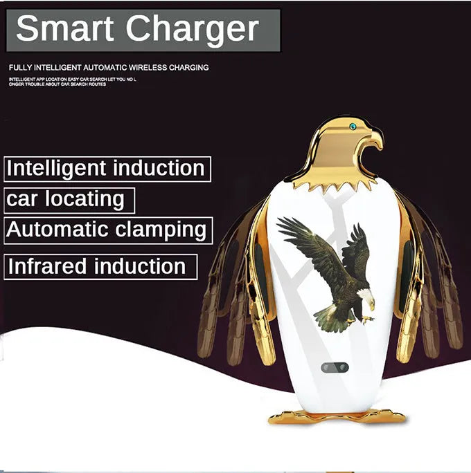Car phone holder with wireless charging base and suction cup mount in black and gold colour with eagle design