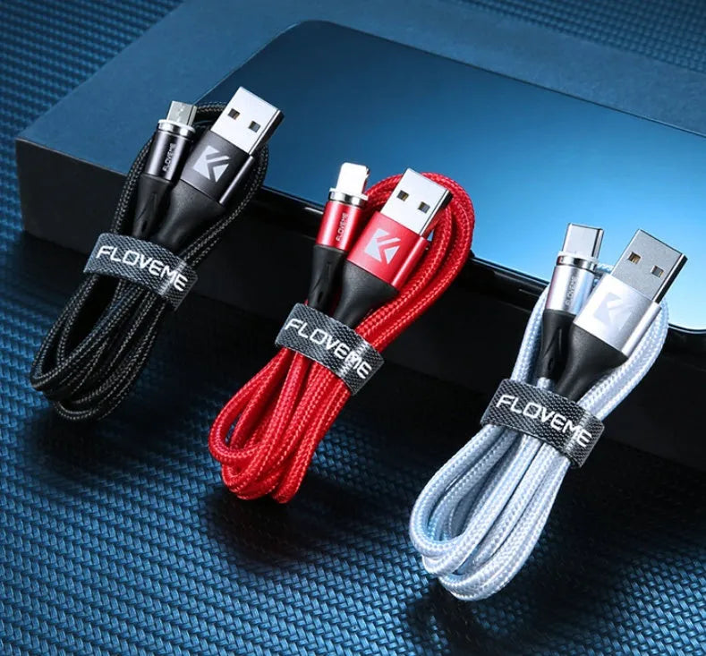 Black magnetic data cable with LED lighting showing Lightning, Micro USB, and USB-C connectors