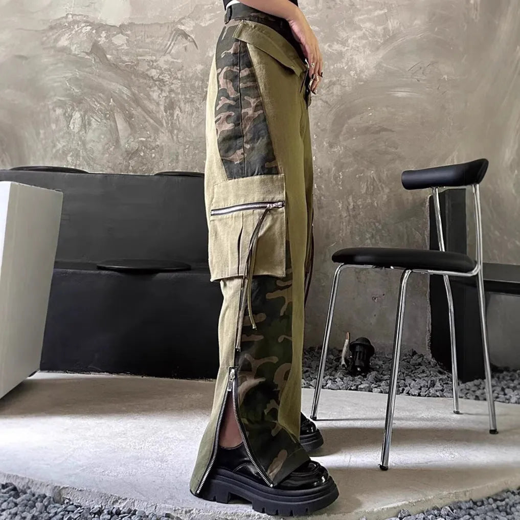 Dark khaki leopard print high-waist women's jeans with straight leg and retro tooling style details.