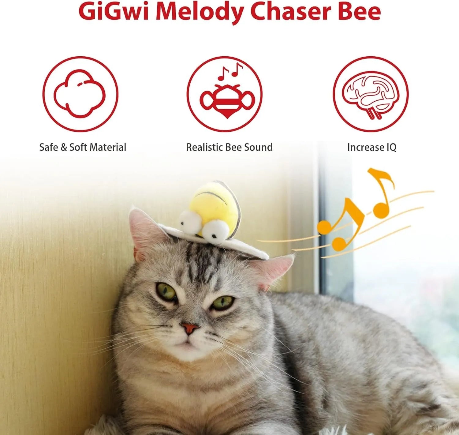 Yellow bee-shaped flannelette cat toy with motion-activated electronic squeak.