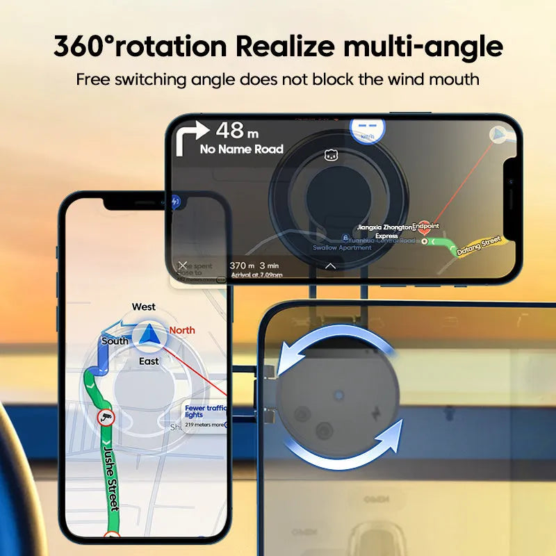 Telescopic magnetic car phone holder mounted on dashboard with floating screen design