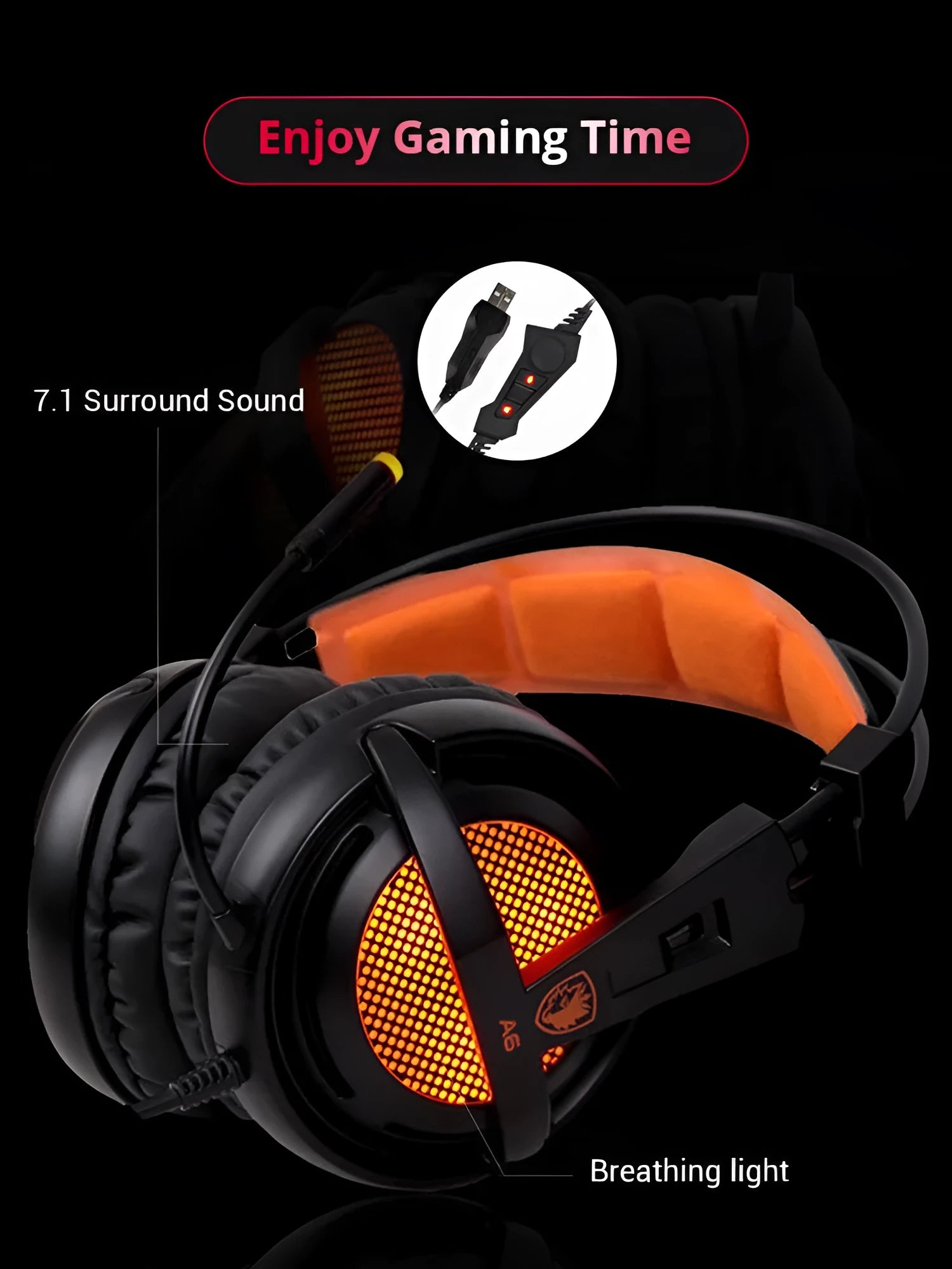 Black and white 7.1 channel USB gaming headset with RGB lights on ear cups and padded headband.