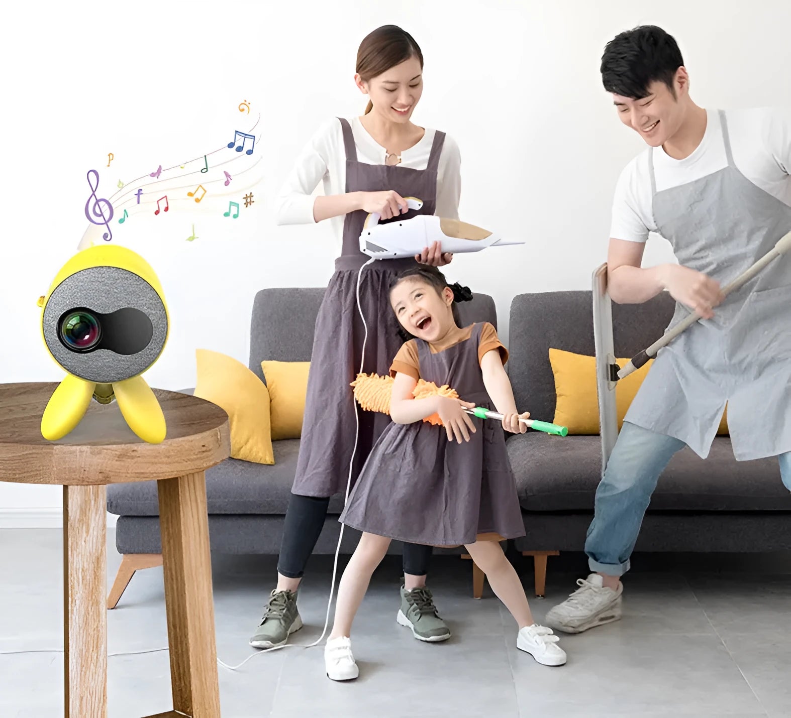 YG220 portable LED projector in white or yellow colour showing front projection lens.