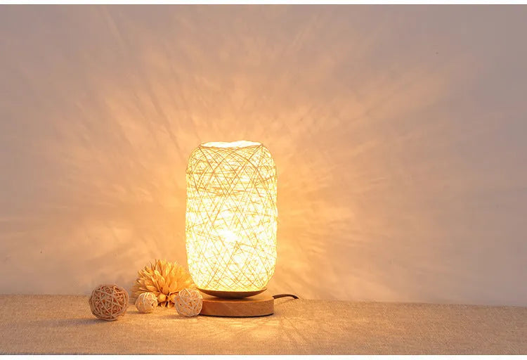 Sepak Takraw ball design desk lamp made from brown hemp rope with LED light and wooden base