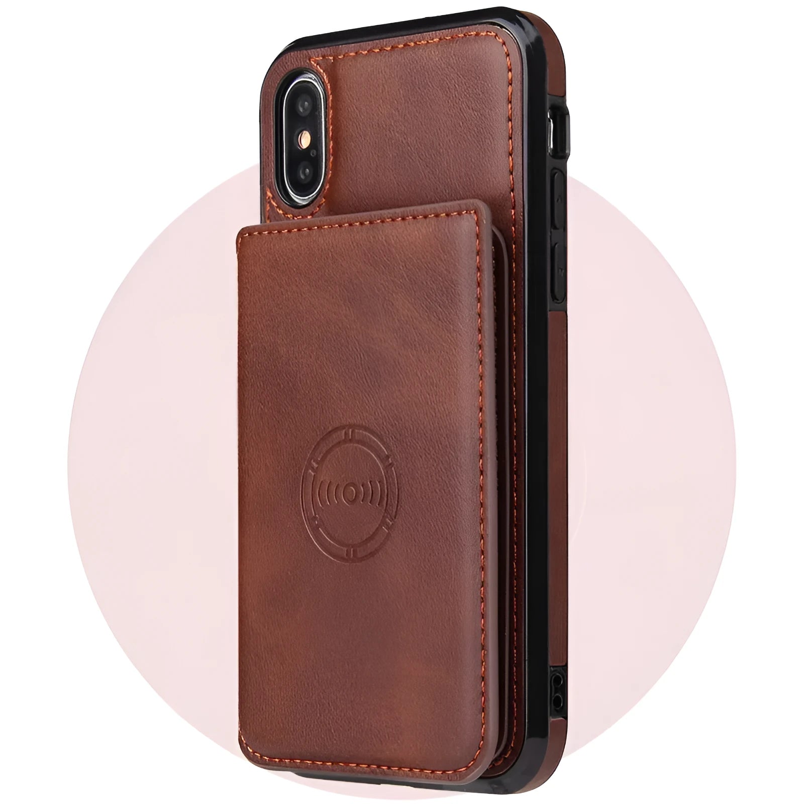 Imitation leather iPhone wallet case in multiple colours showing card slots on the back.