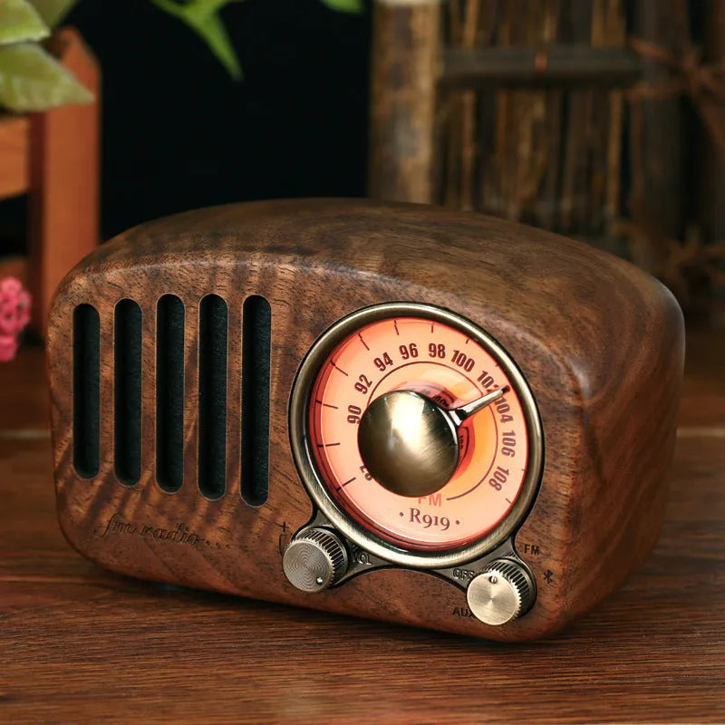 Retro wooden wireless mini speaker in cherry wood or walnut finish showing compact dimensions