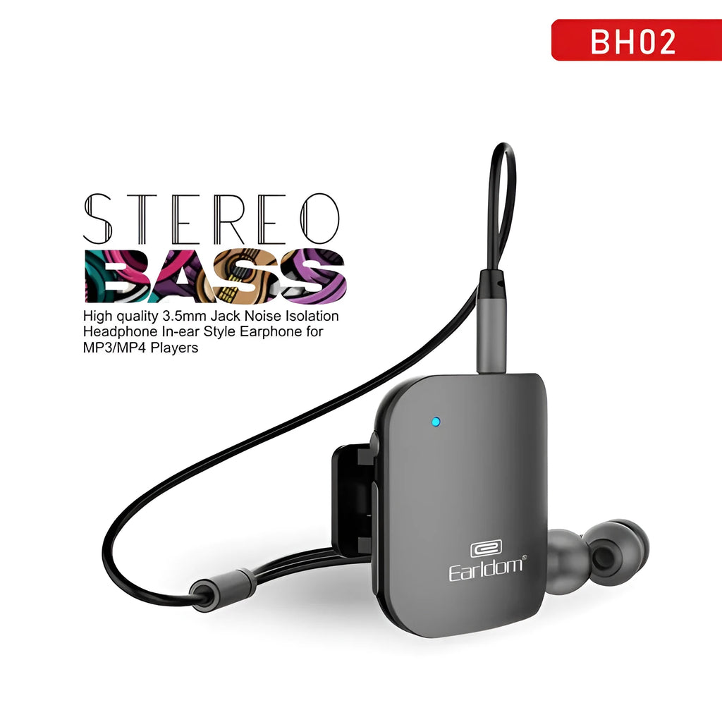 Black Bluetooth lavalier headset with clip, shown alongside red and grey colour variants.