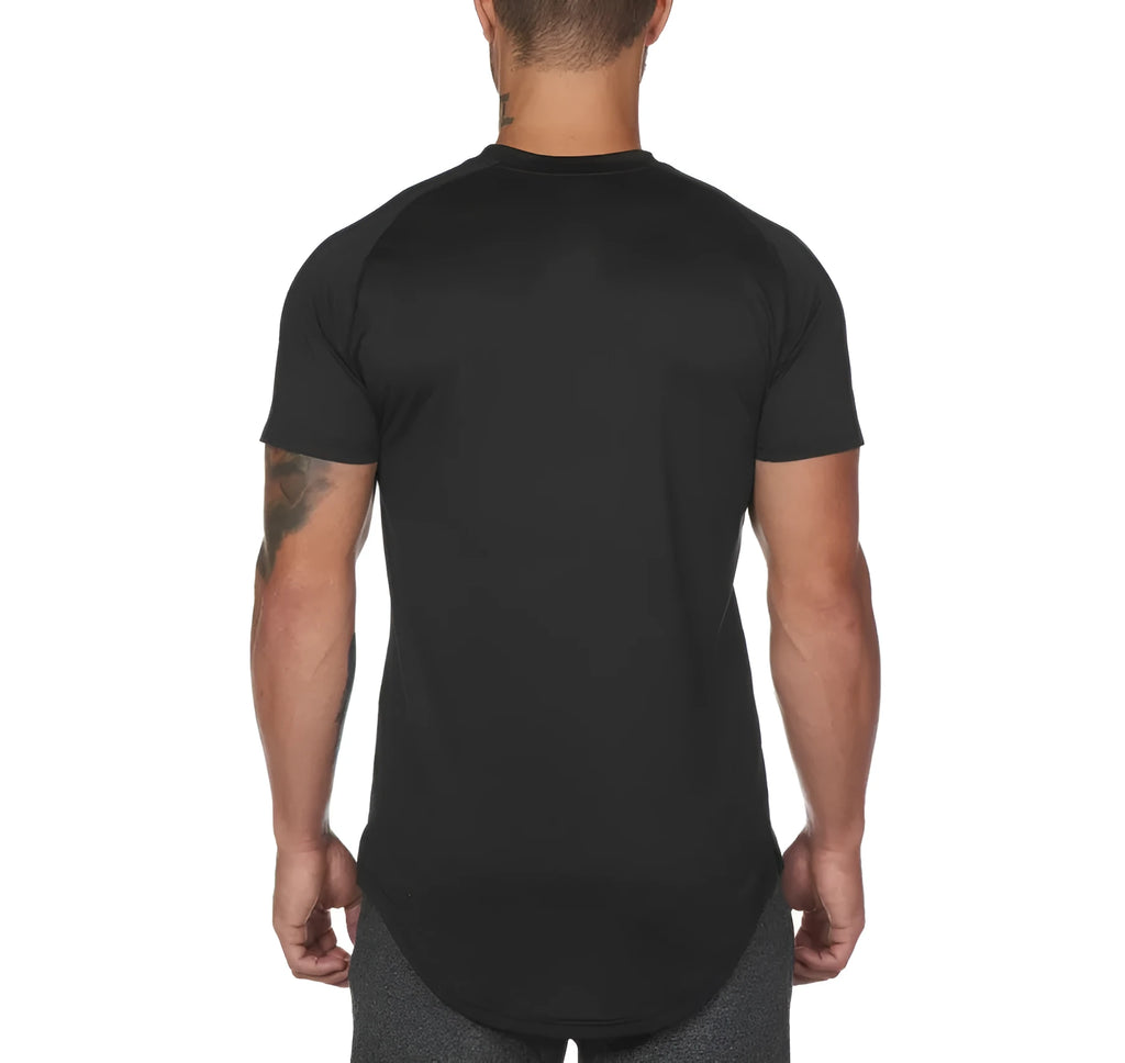 Plain short-sleeved mens gym shirt in green, showing cotton-spandex fabric texture.