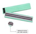 Fabric resistance bands in lake blue, pink, and purple colours showing different tension levels with storage net bag.