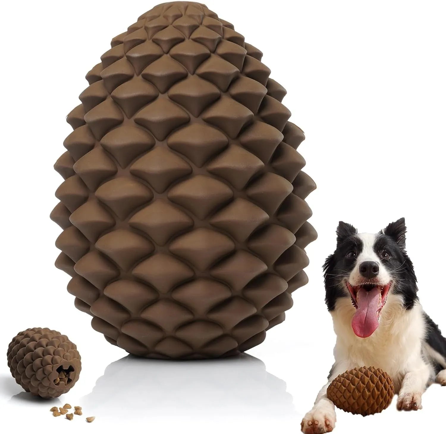 Yellow natural rubber pine cone dog toy with treat dispenser for medium to large breed dogs