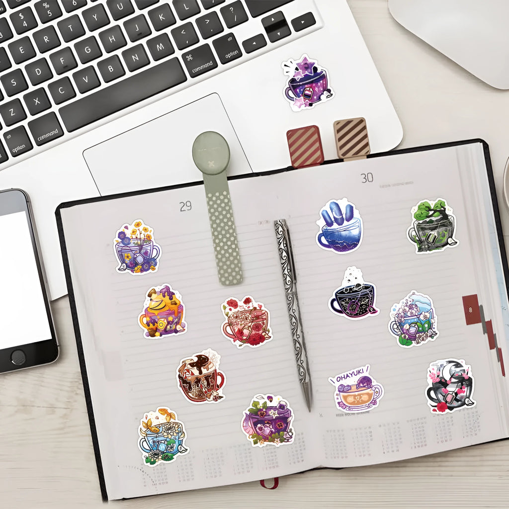 Set of 50 colourful tea cup waterproof stickers with graffiti design for scooter and luggage personalisation