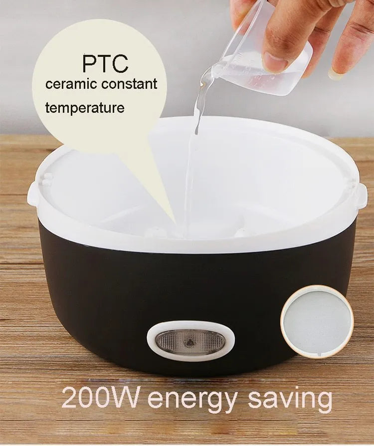 Electric lunch box with USB port and 190mm cubic dimensions showing two capacity options