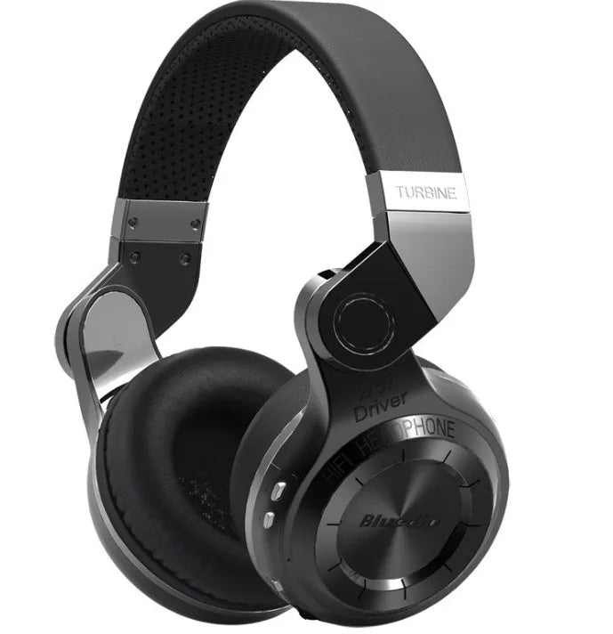 Blue String T2 black and white Bluetooth over-ear headphones with folding metal headband and detachable cable.