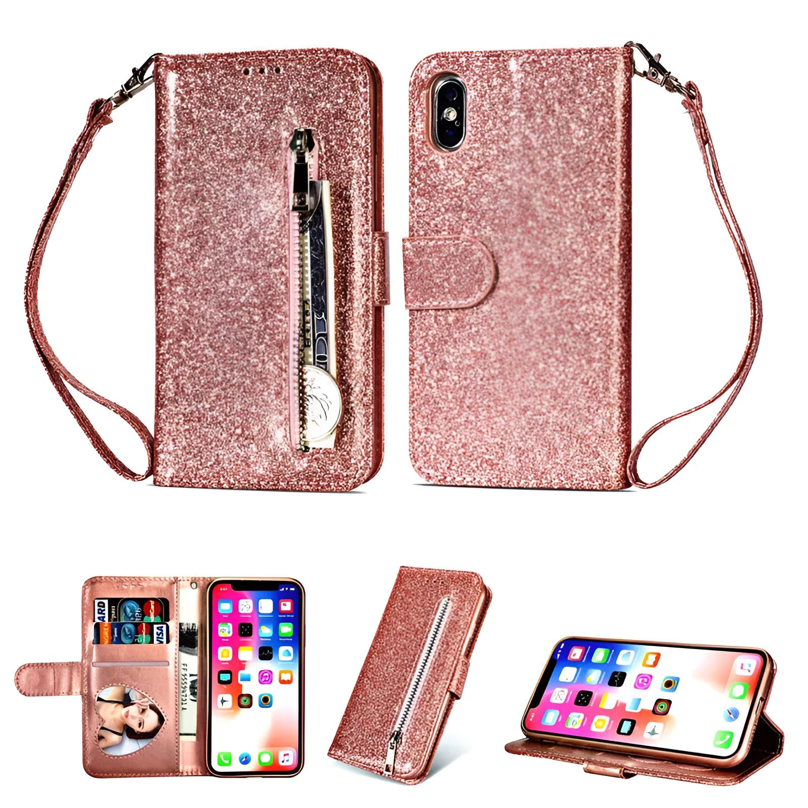 PU zipper phone case for iPhone in black, showing zipper closure and card slot
