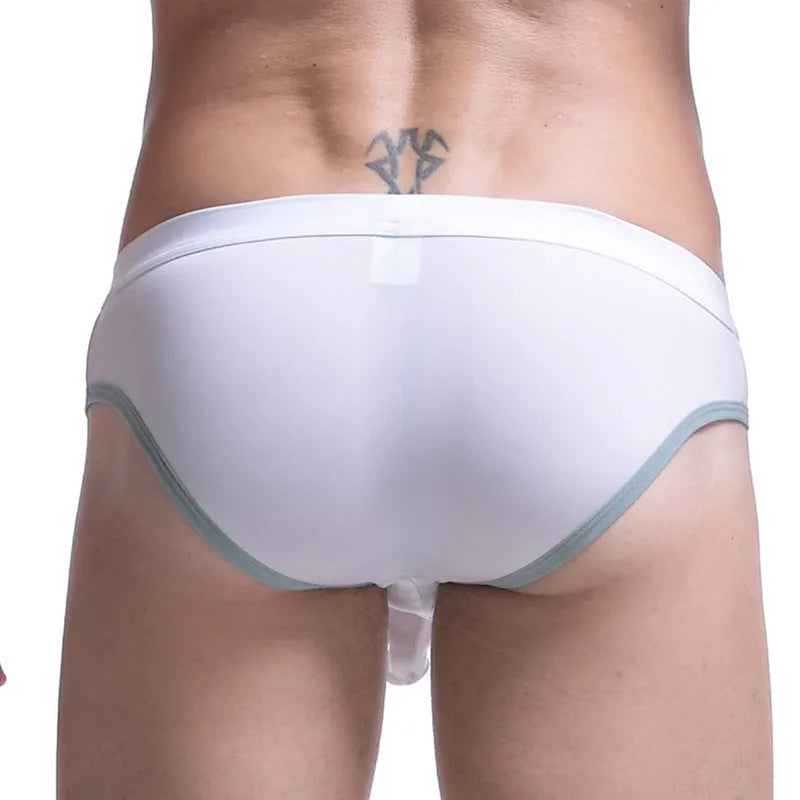 Men's ice silk briefs in army green colour showing mid waist design and bullet separation pouch.