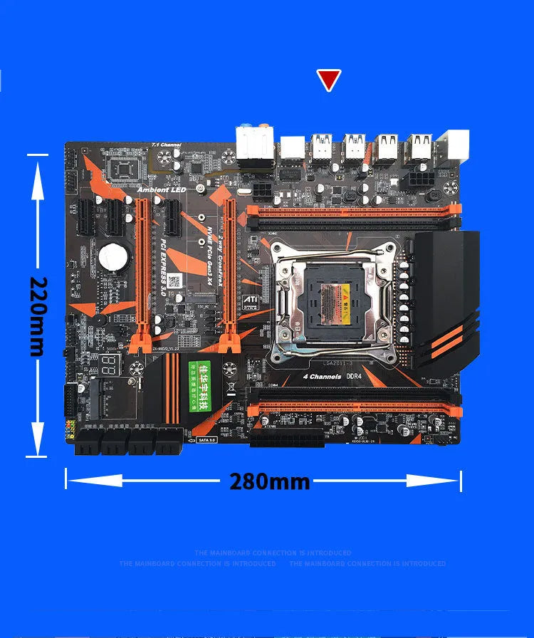 Black X99 ATX motherboard with LGA2011-3 socket, four DDR4 slots, PCIe slots, and multiple SATA ports