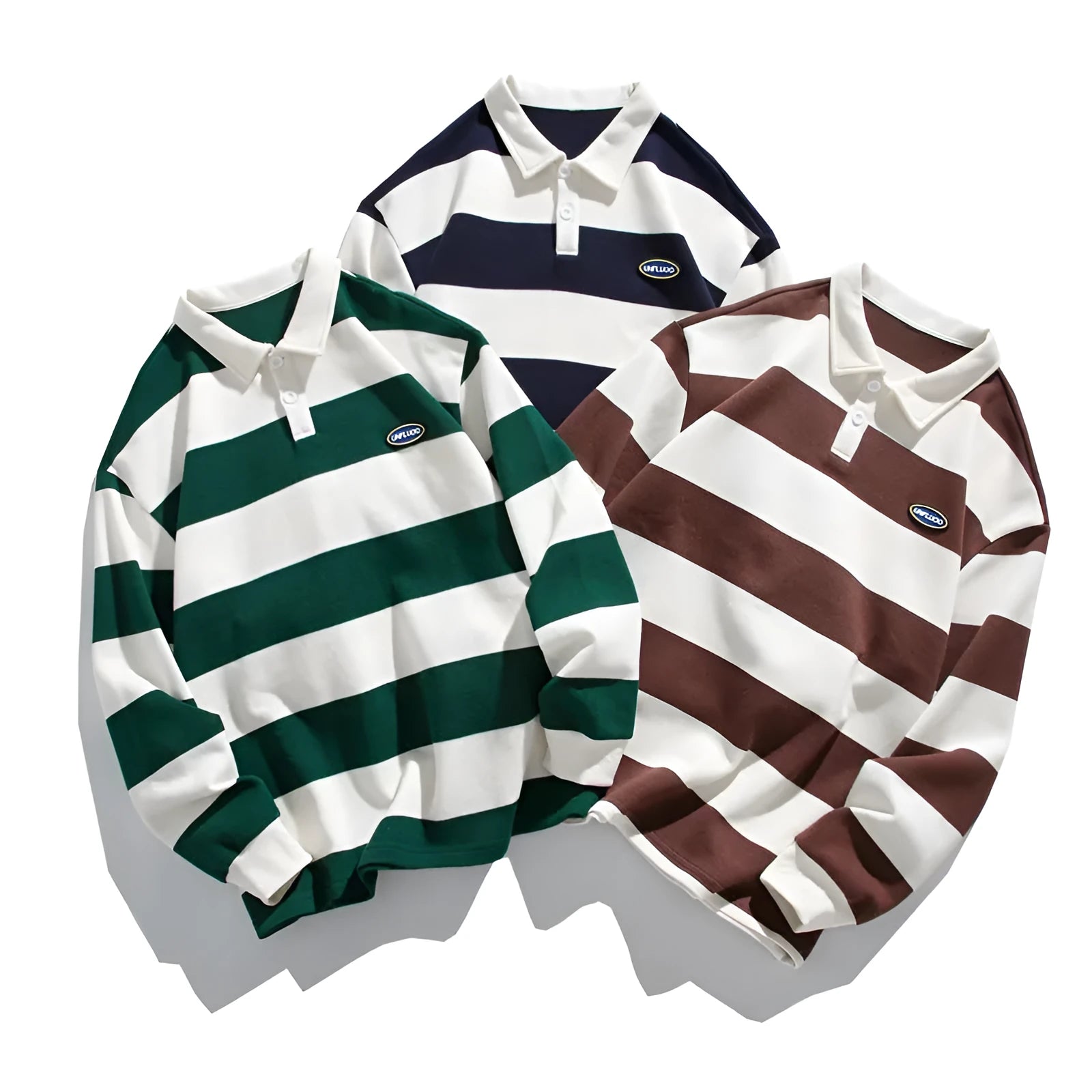 Hong Kong style striped polo shirt with lapel collar in pearl cotton fabric showing loose fit and long sleeves