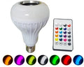 White smart LED bulb with E27 base featuring built-in Bluetooth speaker and remote control for 16 colour lighting.