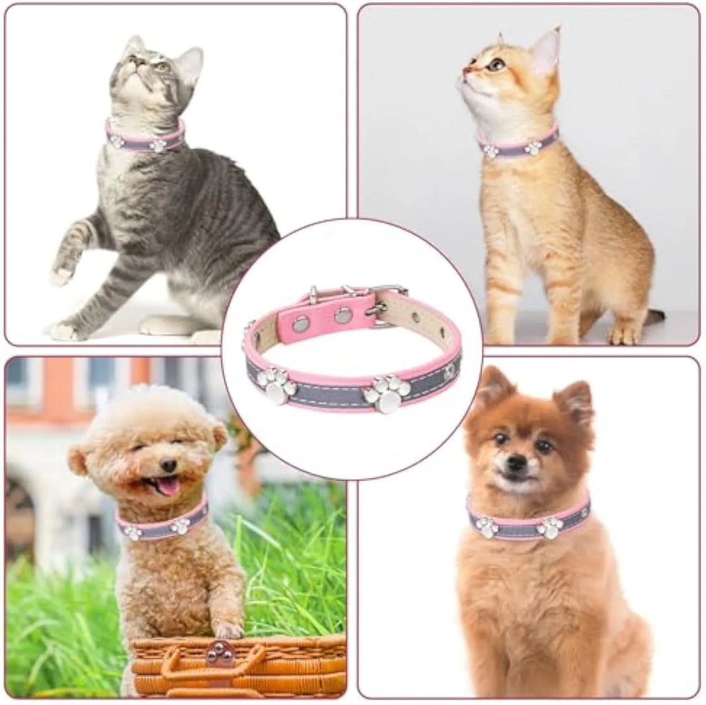 Reflective adjustable PU leather dog collar with metal paw rivet, shown in size L for medium dogs.