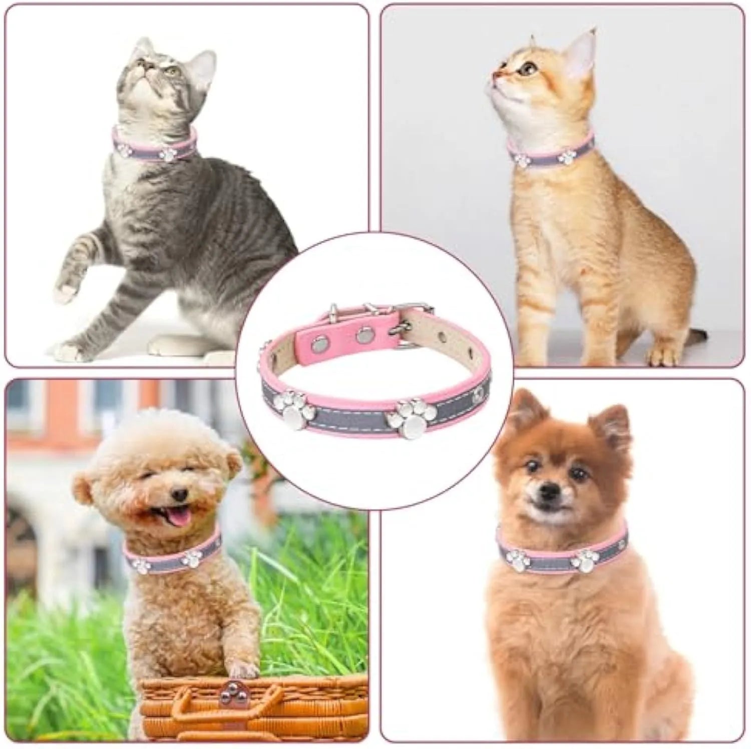 Reflective adjustable PU leather dog collar with metal paw rivet, shown in size L for medium dogs.