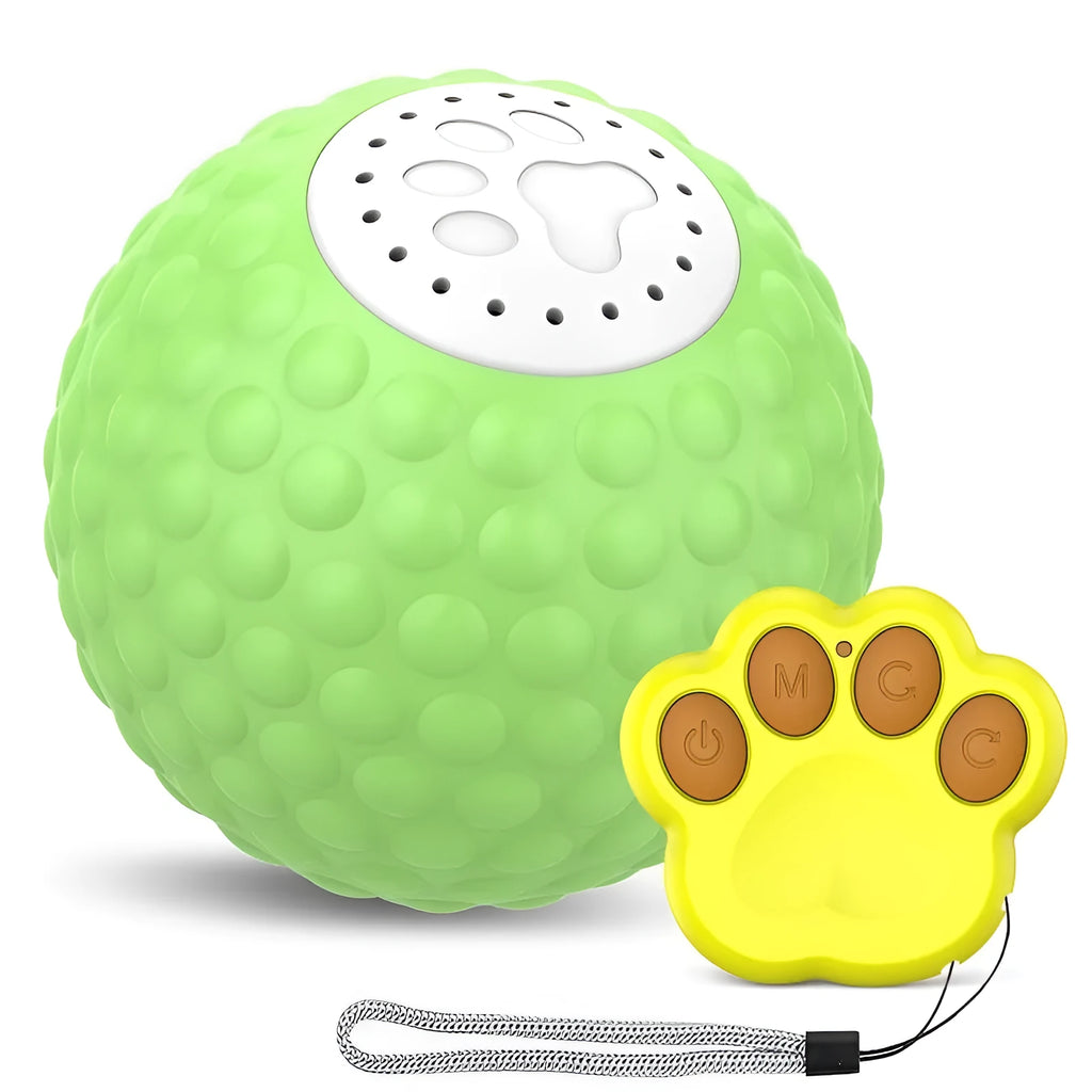 Blue remote control electronic cat toy ball rolling on a wooden floor.
