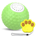 Blue remote control electronic cat toy ball rolling on a wooden floor.